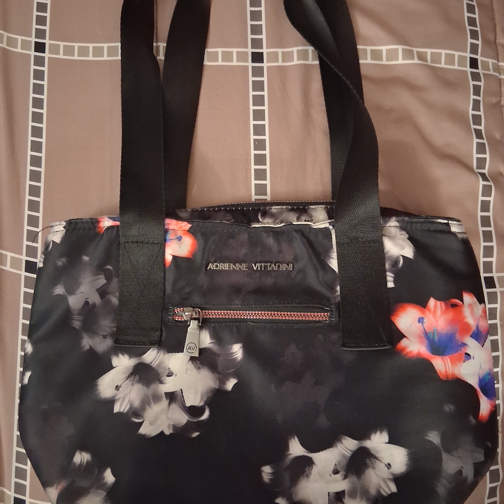 Adrienne Vittadini Black and Pink Tote Bag with Floral Design